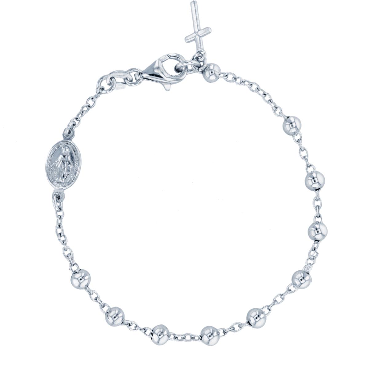 Sterling Silver Rhodium 4mm Beads Virgin Mary 7.25" Bracelet with Dangling Cross