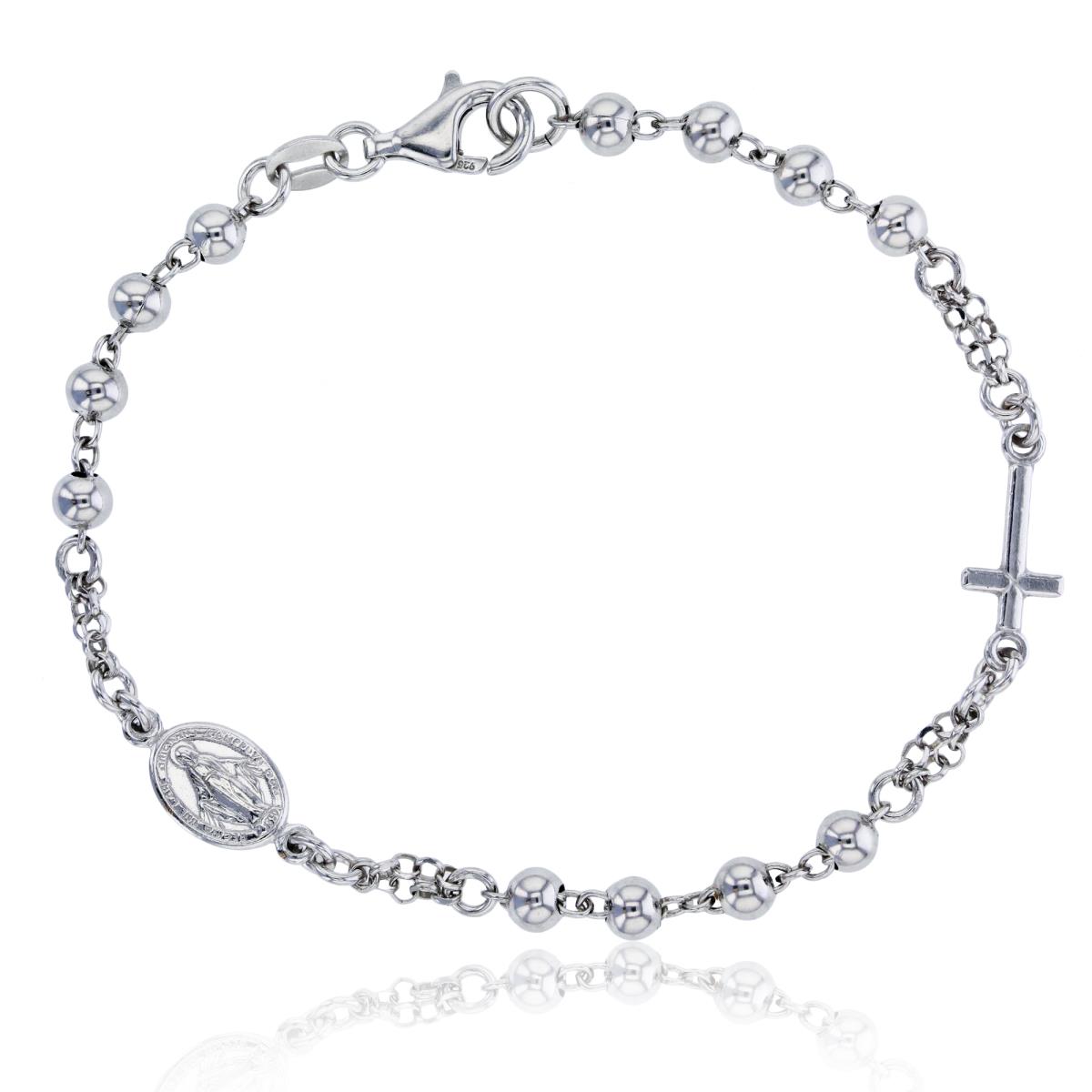 Sterling Silver Rhodium 4mm Beads Cross & Virgin Mary 7.25" Bracelet