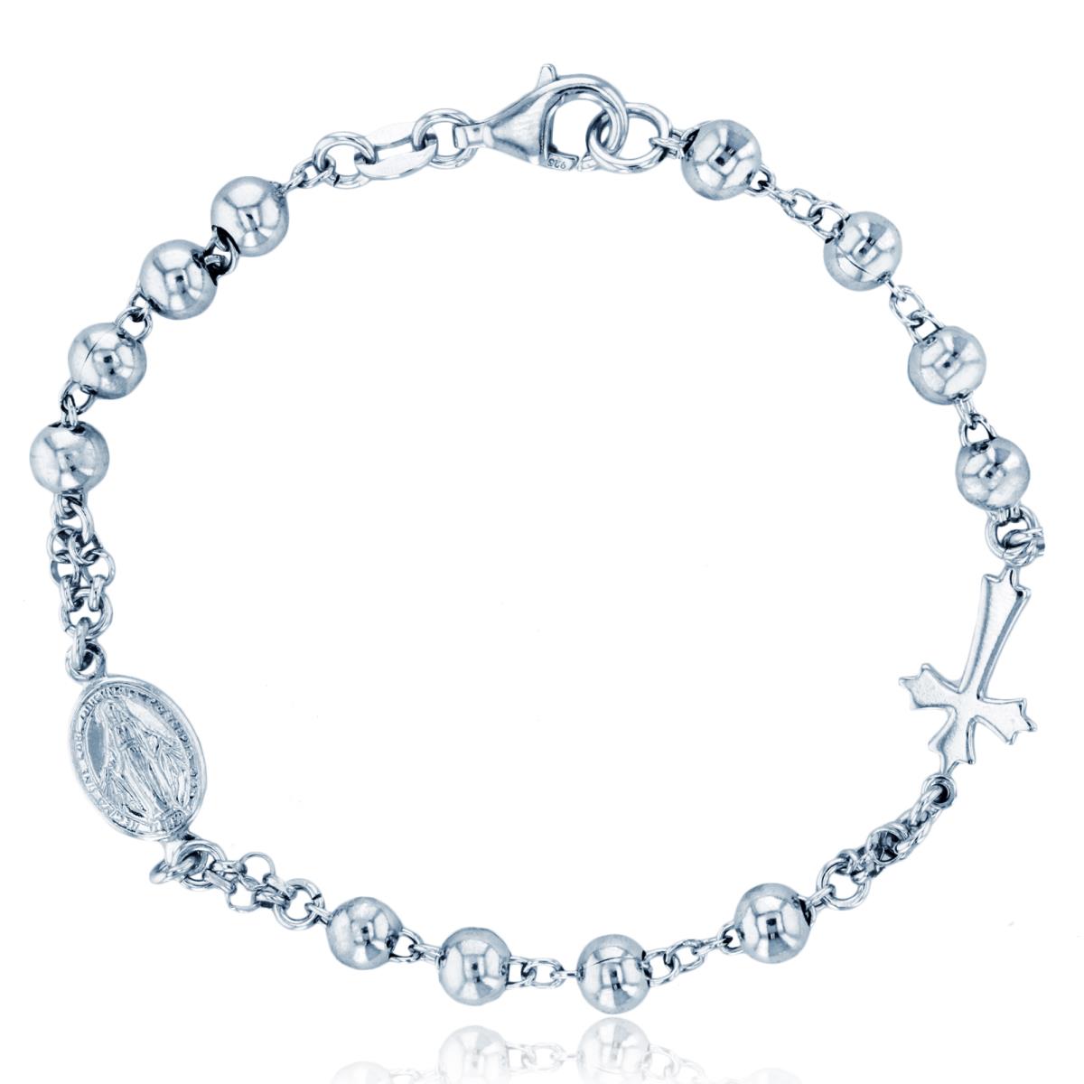 Sterling Silver Rhodium 5mm Beads Virgin Mary & Cross 7.5" Bracelet