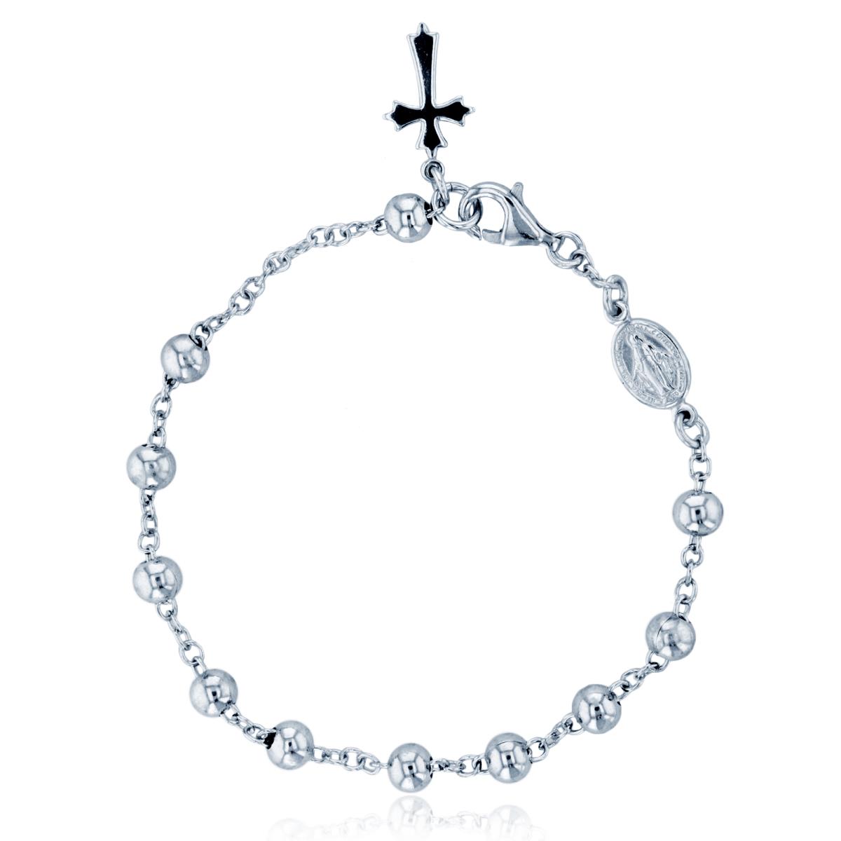 Sterling Silver Rhodium 5mm Beads Virgin Mary 7.5" Bracelet with Dangling Cross