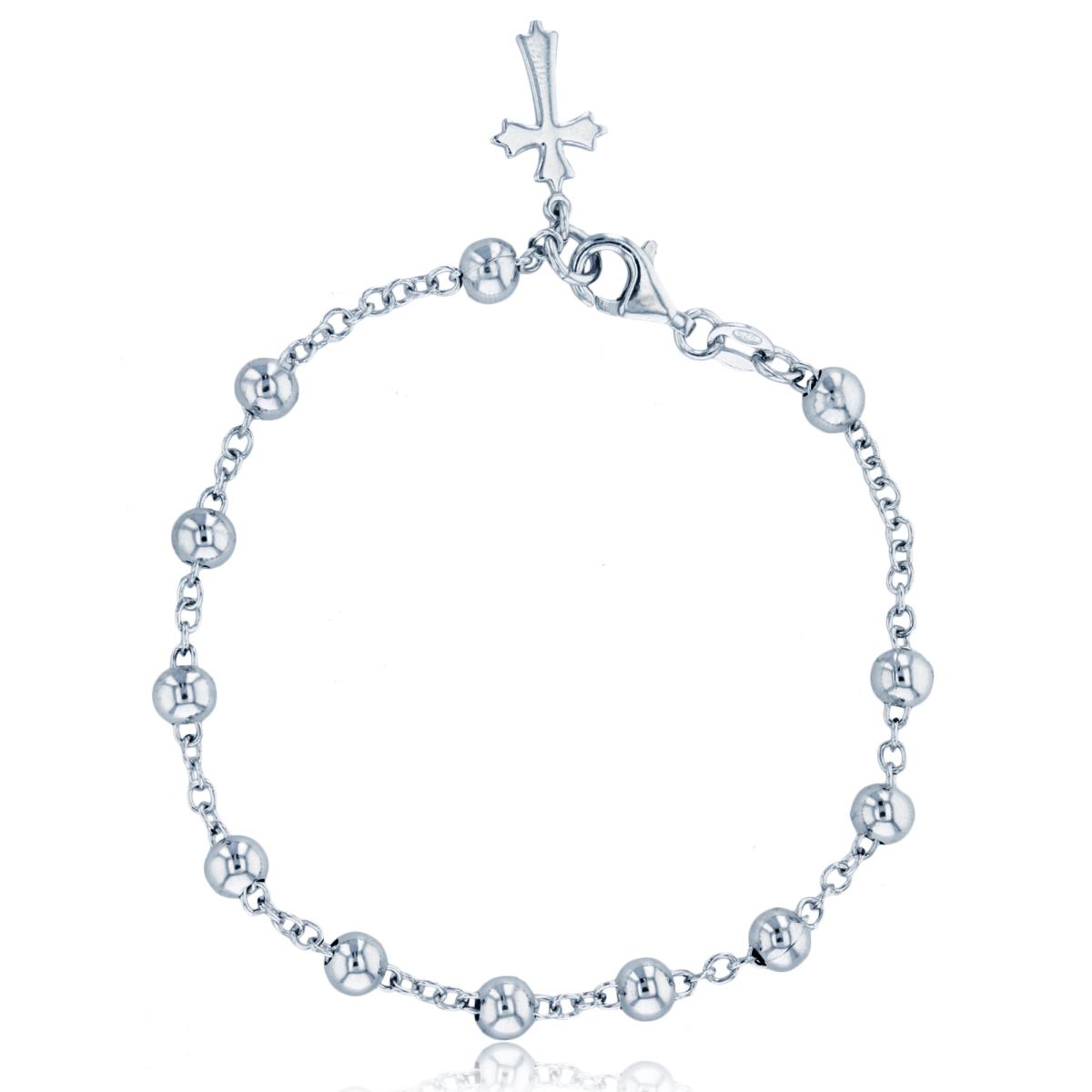 Sterling Silver Rhodium 5mm Polished Beads 7.5" Bracelet with Dangling Cross