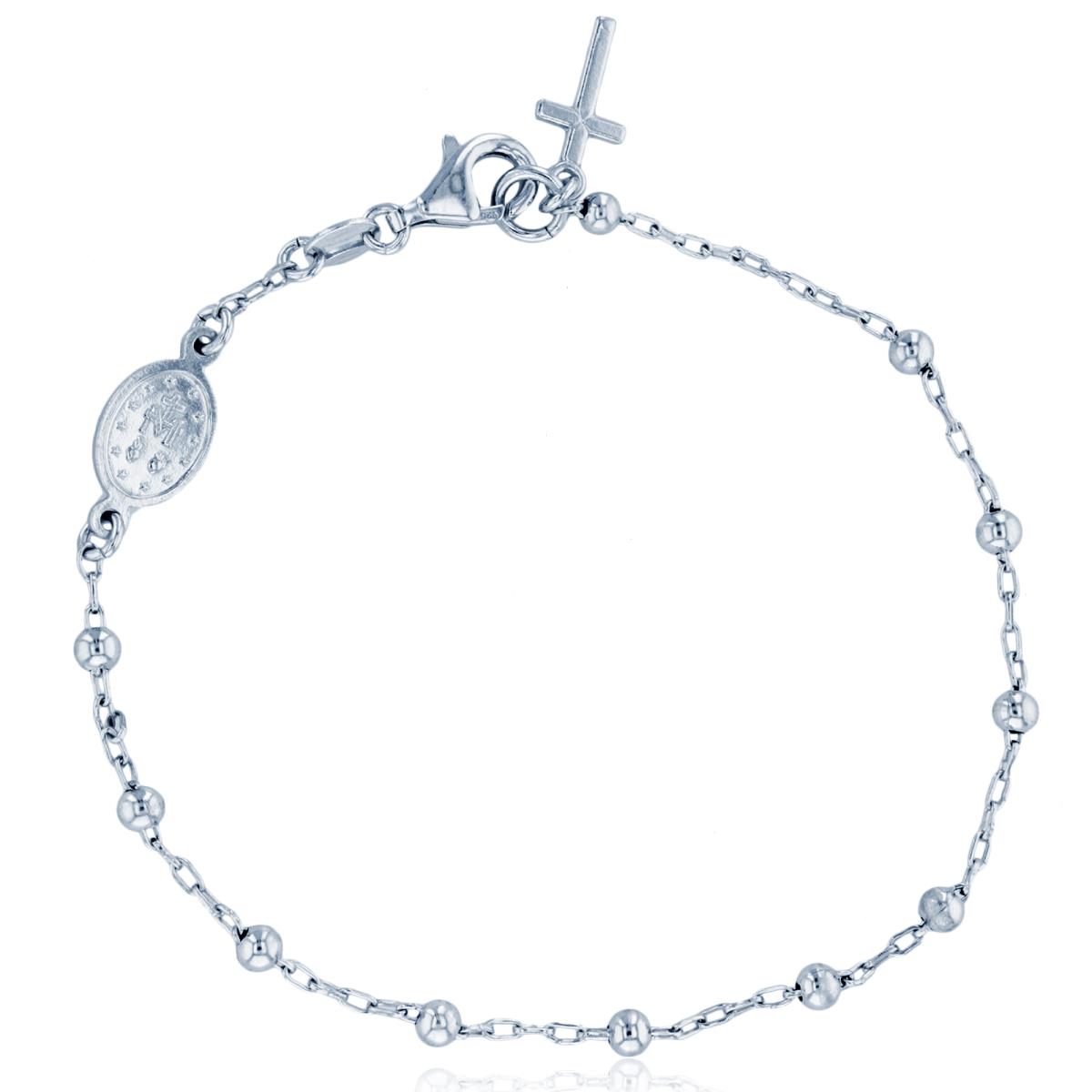 Sterling Silver Rhodium 3mm Beads Virgin Mary 7.5" Bracelet with Dangling Cross