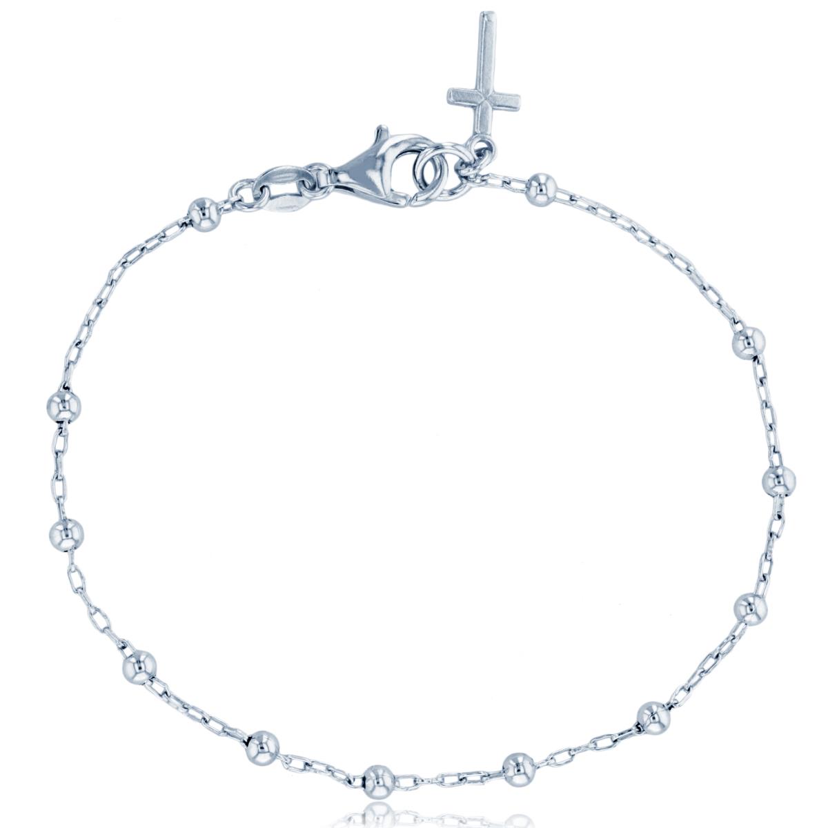 Sterling Silver Rhodium 3mm Beads 7.5" Bracelet with Dangling Cross