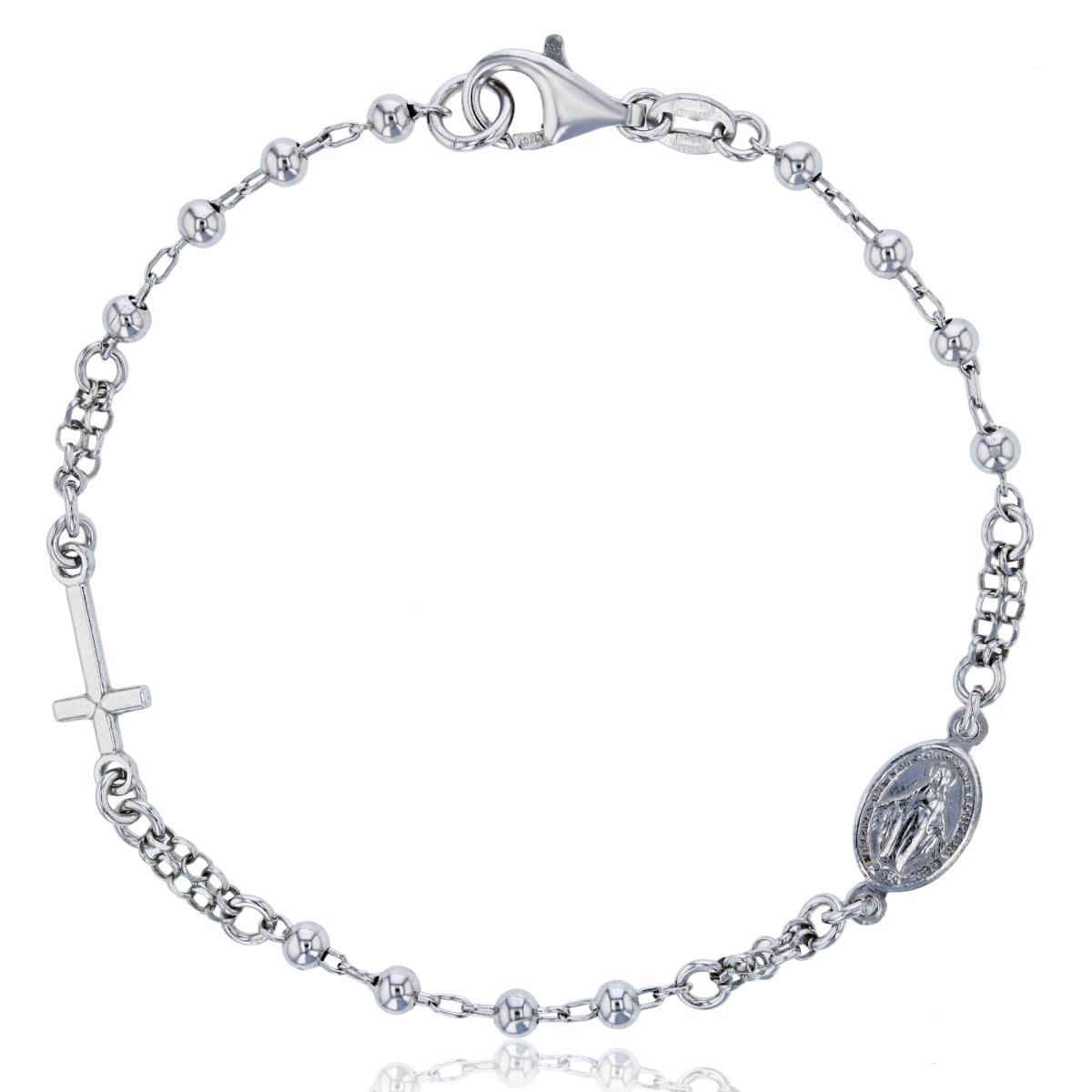 Sterling Silver Rhodium 3mm Beads Virgin Mary/ Cross 7.5" Bracelet