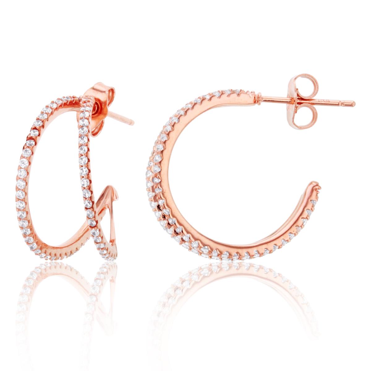 Sterling Silver 1Micron Rose Gold Rnd CZ Open Rows 20X12mm Huggie Earring