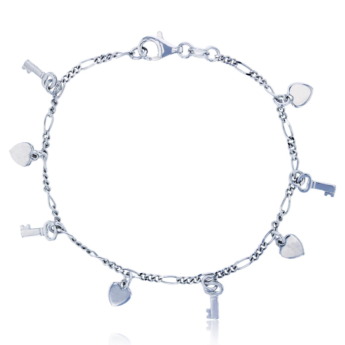 Sterling Silver Rhodium Dangling Heart & Keys 7.5" Bracelet