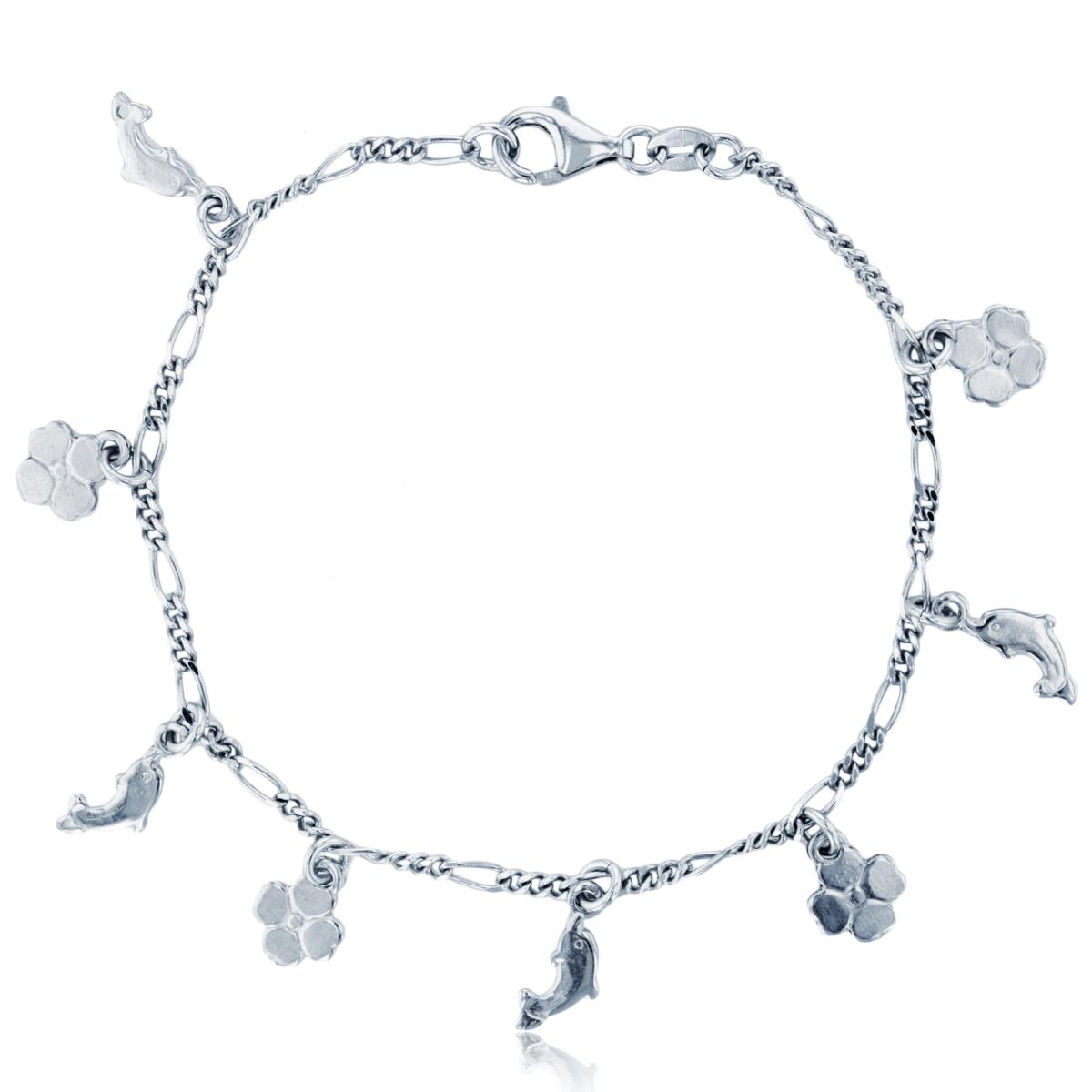 Sterling Silver Rhodium Dangling Dolphins & Flowers 7.5" Bracelet