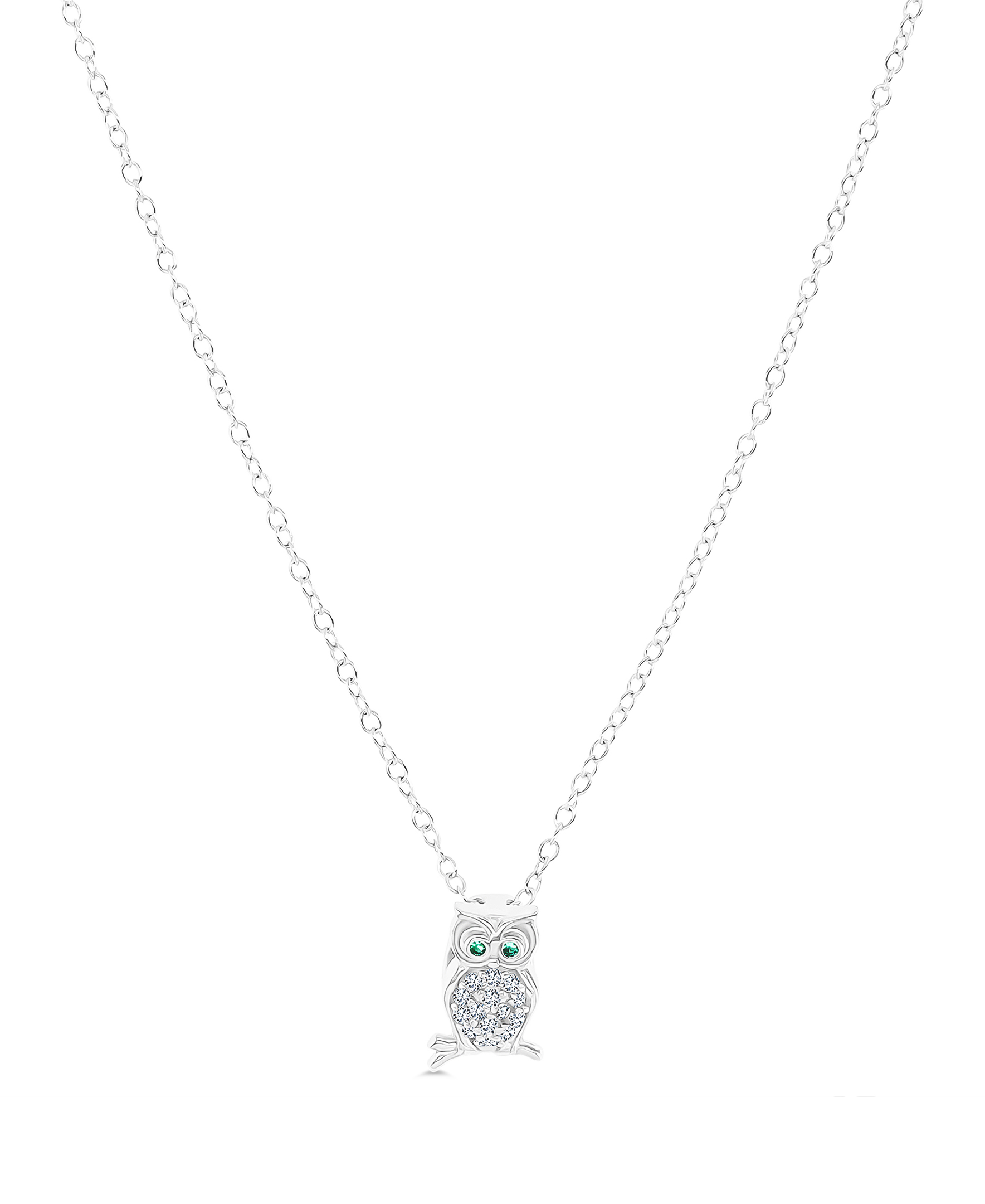 Sterling Silver Rhodium Rnd White & Emerald CZ Owl18"Necklace