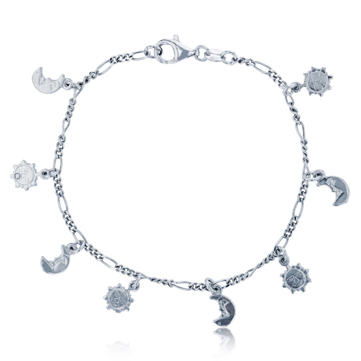 Sterling Silver Rhodium Dangling Moon & Sun 7.5" Bracelet