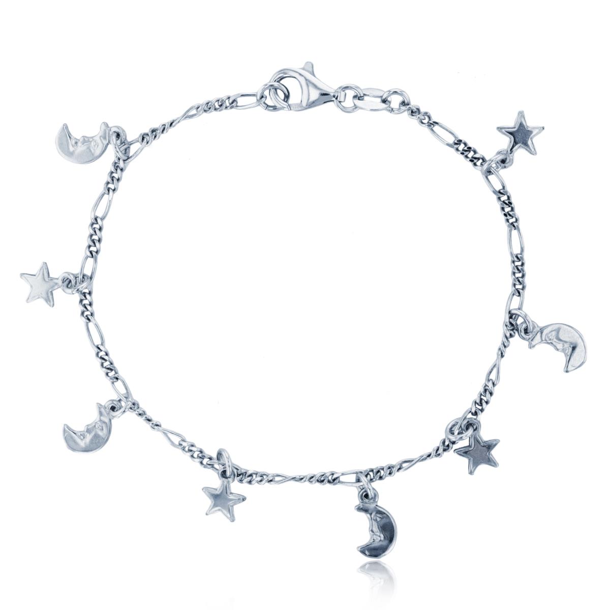Sterling Silver Rhodium Dangling Star & Moon 7.5" Bracelet