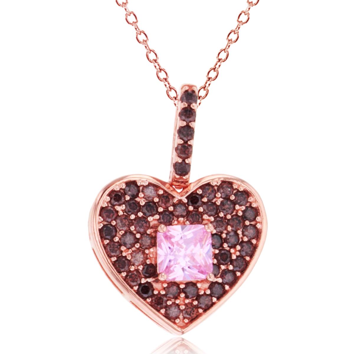Sterling Silver 1Micron Rose Gold 5mm Princess Pink & Rnd Brown CZ Pave Heart 18"Necklace
