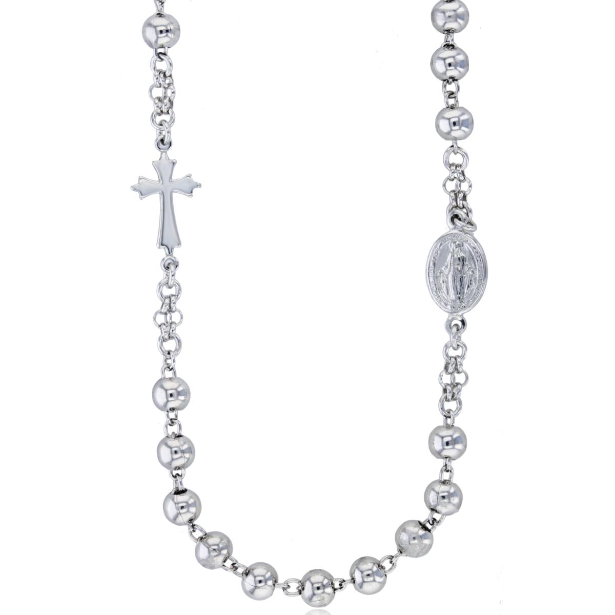 Sterling Silver Rhodium 5mm Beads Cross & Virgin Mary 20" Rosary Necklace