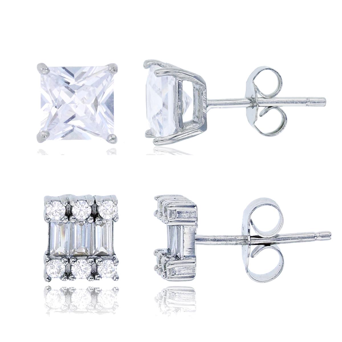Sterling Silver Rhodium 6x6mm Rd/Baguette CZ Square & 6x6mm Sq Solitaire Stud Earring Set