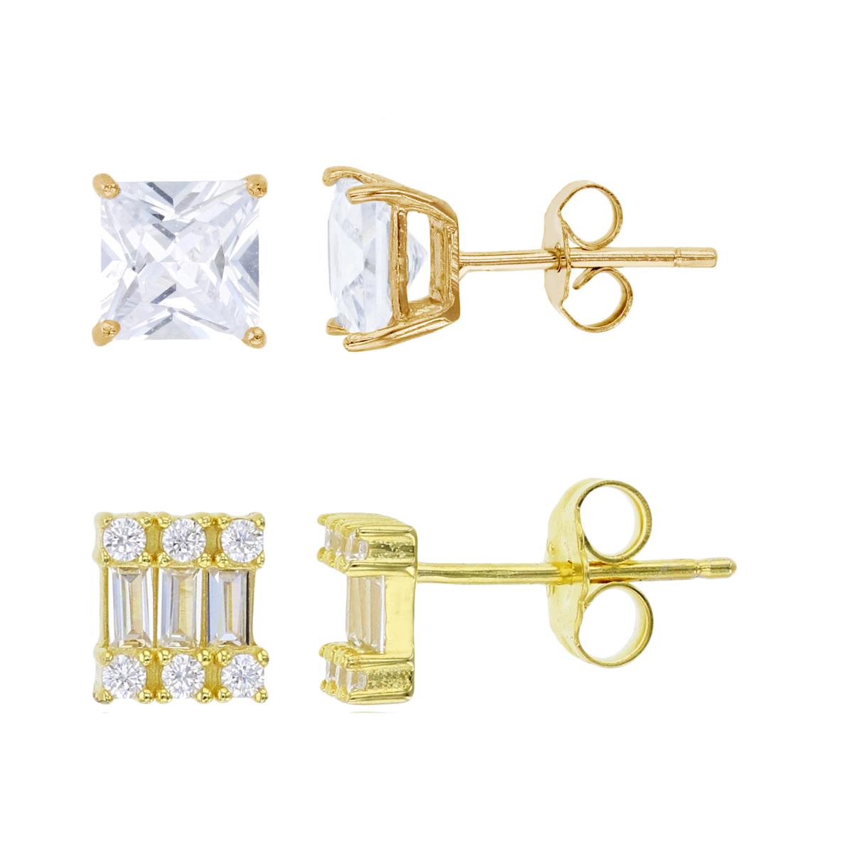 Sterling Silver Yellow 6x6mm Rd/Baguette CZ Square & 6x6mm Sq Solitaire Stud Earring Set