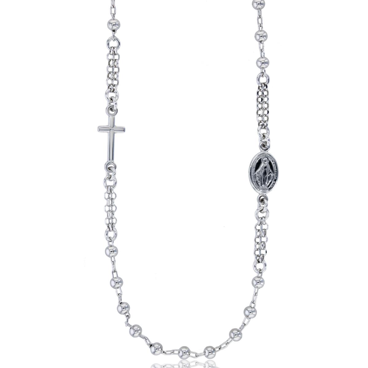 Sterling Silver Rhodium 3mm Beads Cross & Virgin Mary 20" Rosary Necklace