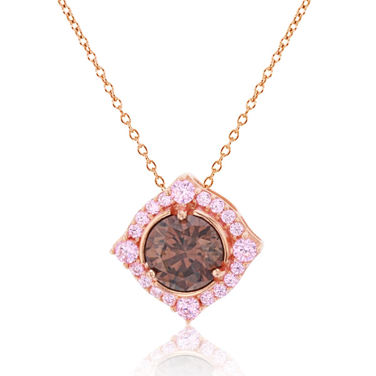 Sterling Silver 1Micron Rose Gold 8mm Rnd Center Brown & Rnd Pink CZ Cushion18"Necklace