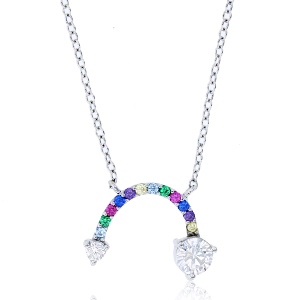 Sterling Silver Rhodium Rnd Multicolor CZ Bended Row 18"Necklace
