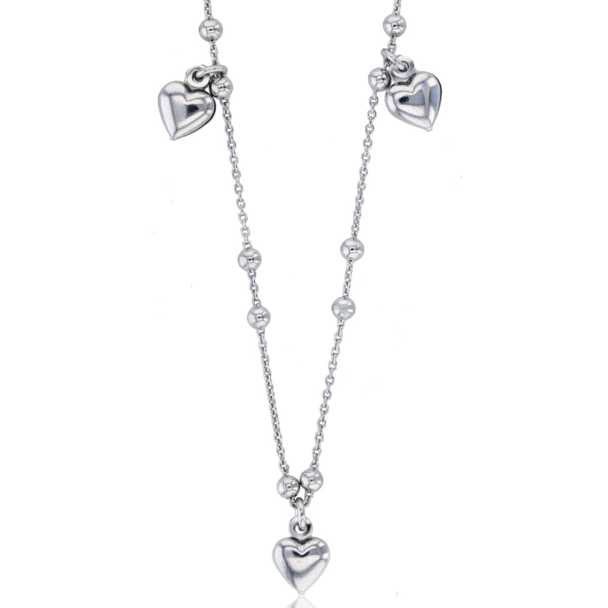 Sterling Silver Rhodium Dangling Heart Charms 31" Necklace