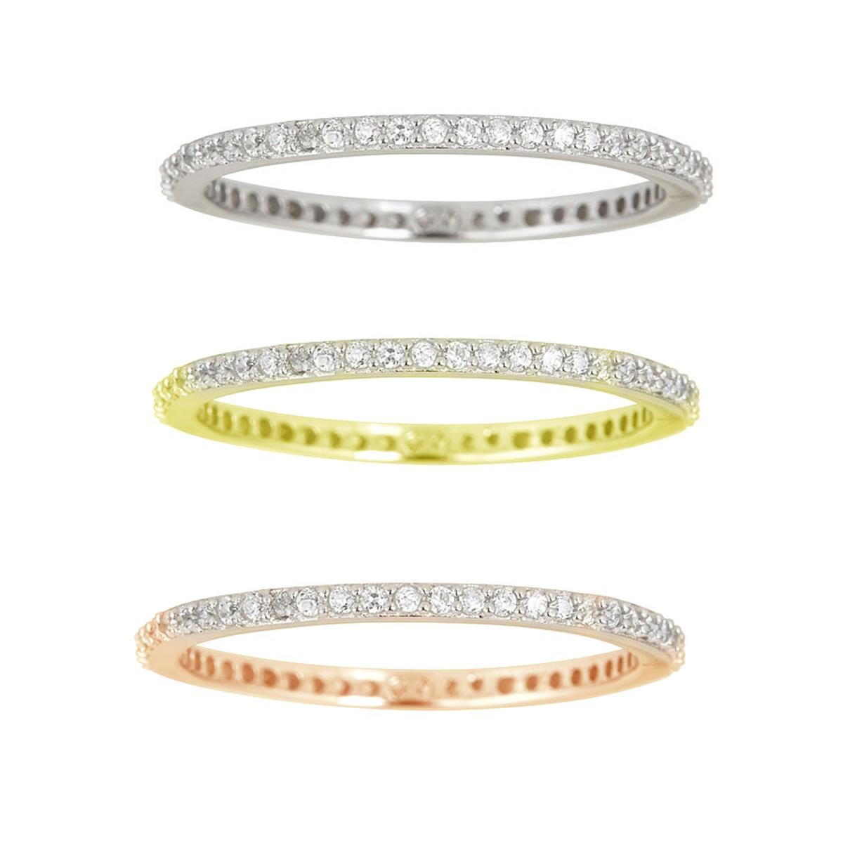 Sterling Silver Rhodium/Yellow/Rose mm Round Cut Eternity Band Set