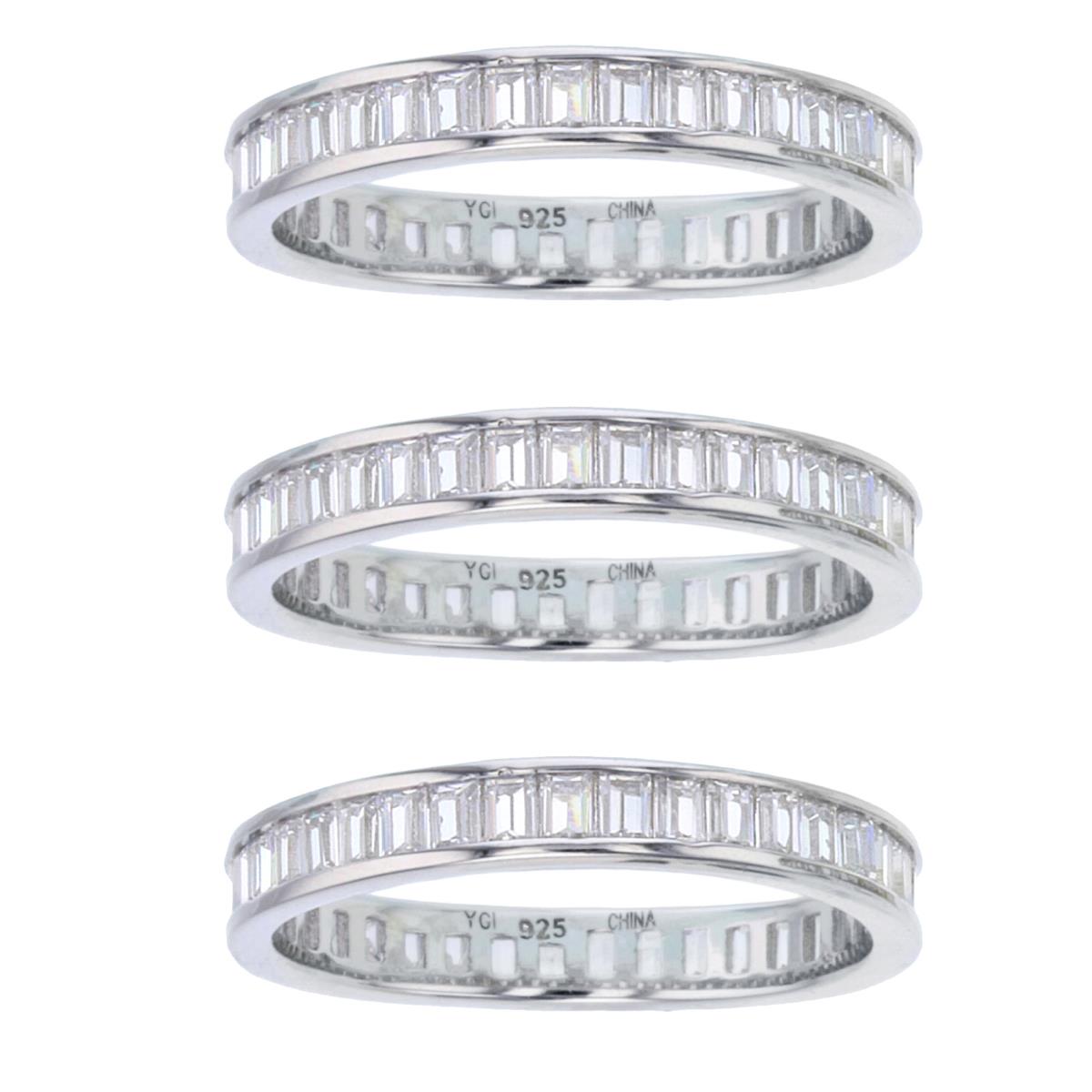 Sterling Silver Rhodium SB White CZ Channel Row Band Set Of 3