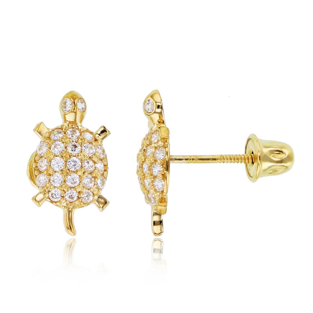 14K Yellow Gold Rnd CZ Micropave Turtle Stud Earring with Screw backs