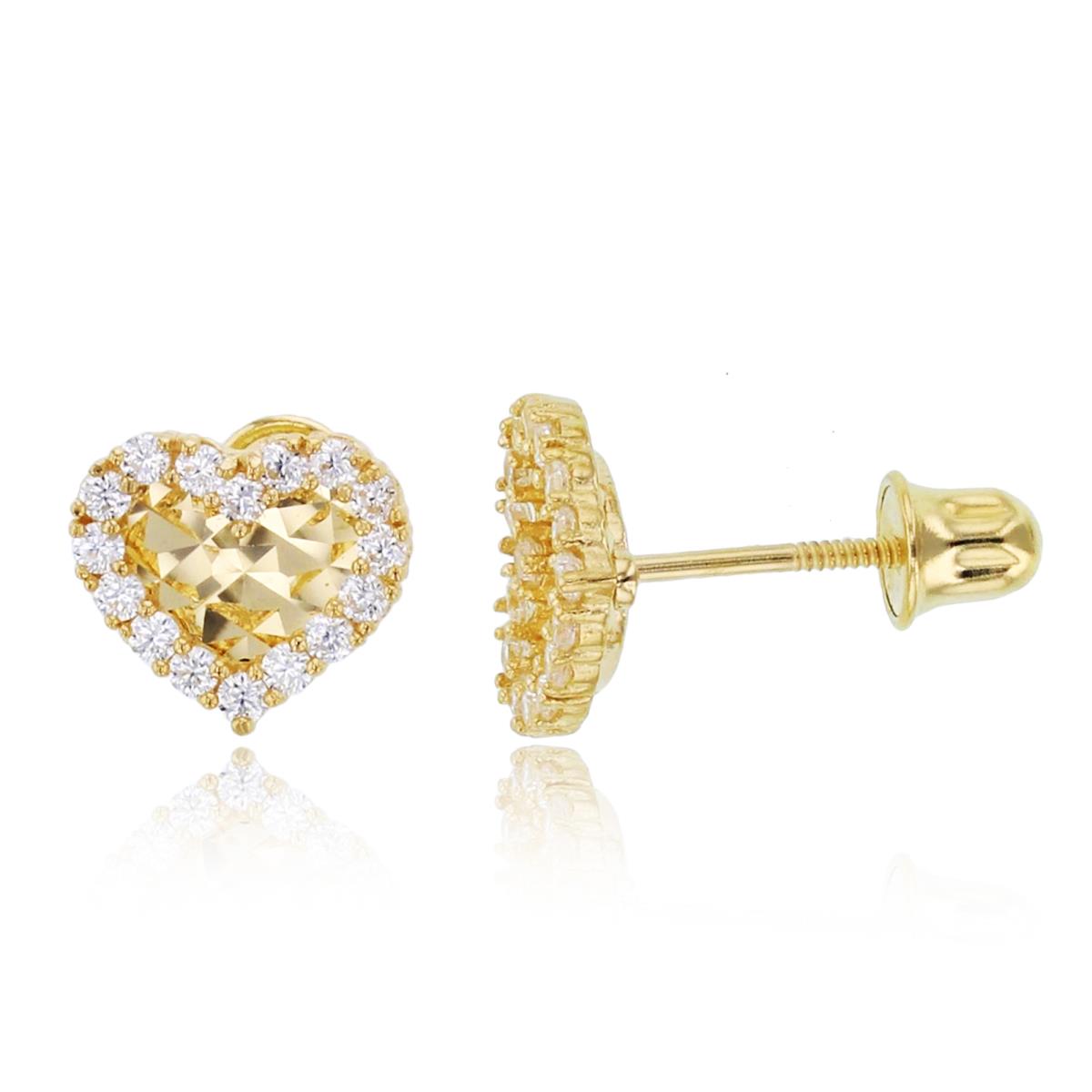 14K Yellow Gold Rnd CZ Micropave DC Heart Studs with Screw backs