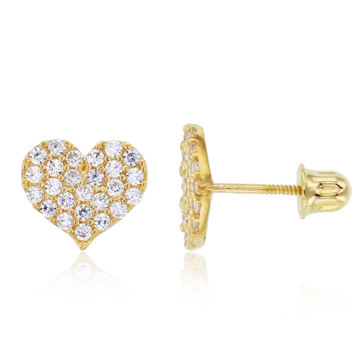 14K Yellow Gold Rnd CZ Micropave Heart Studs with Screw Backs