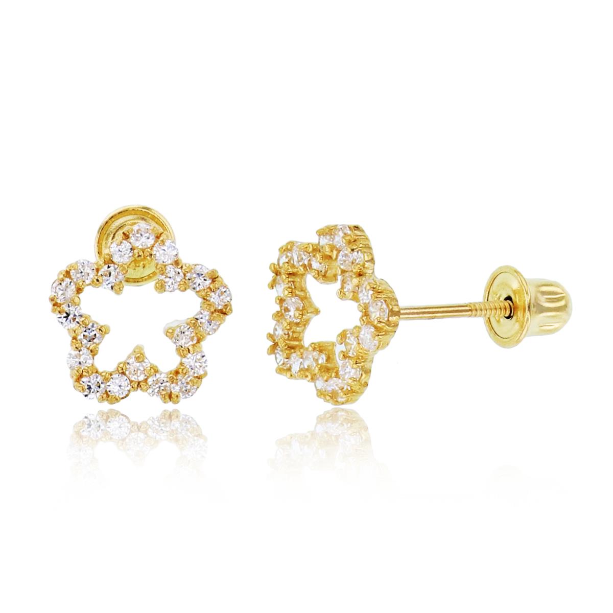 14K Yellow Gold Rnd CZ Micropave Open Flower Studs with Screw Backs