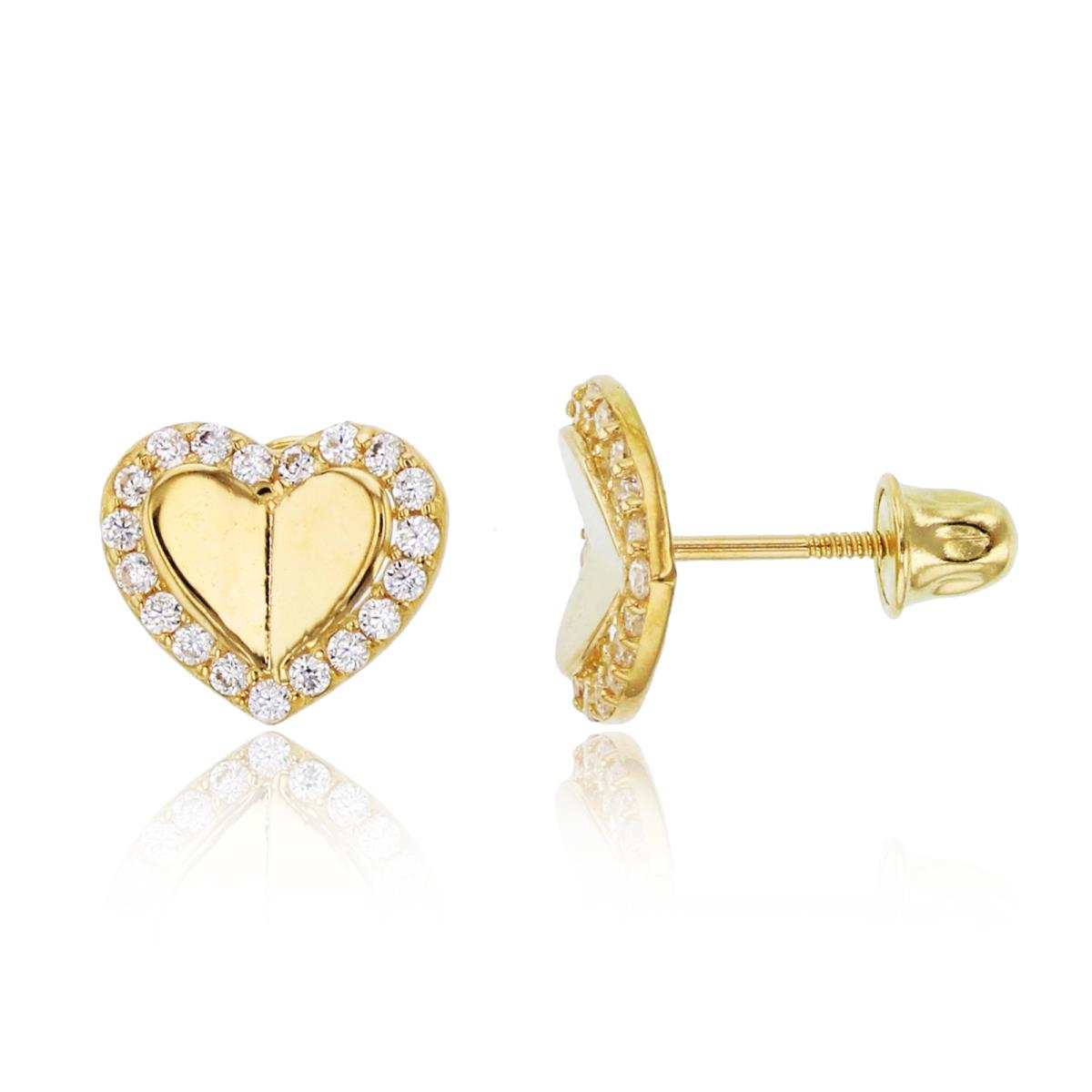 14K Yellow Gold Rnd CZ High Polished Micropave Heart Studs with Screw Backs