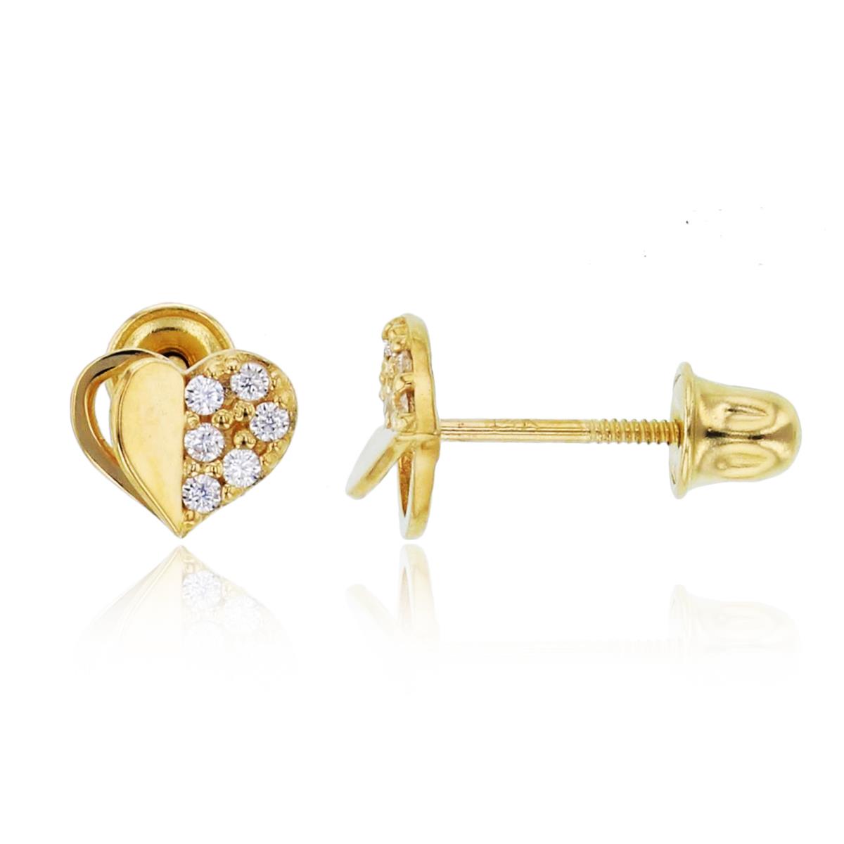 14K Yellow Gold Half Rnd CZ & High Polished Micropave Heart Studs with Screw Backs