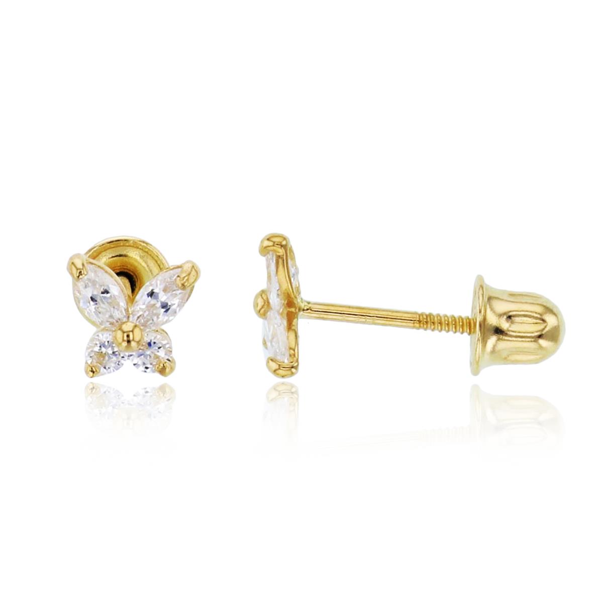 14K Yellow Gold MQ & Rnd CZ Small Butterfly Studs with Screw Backs