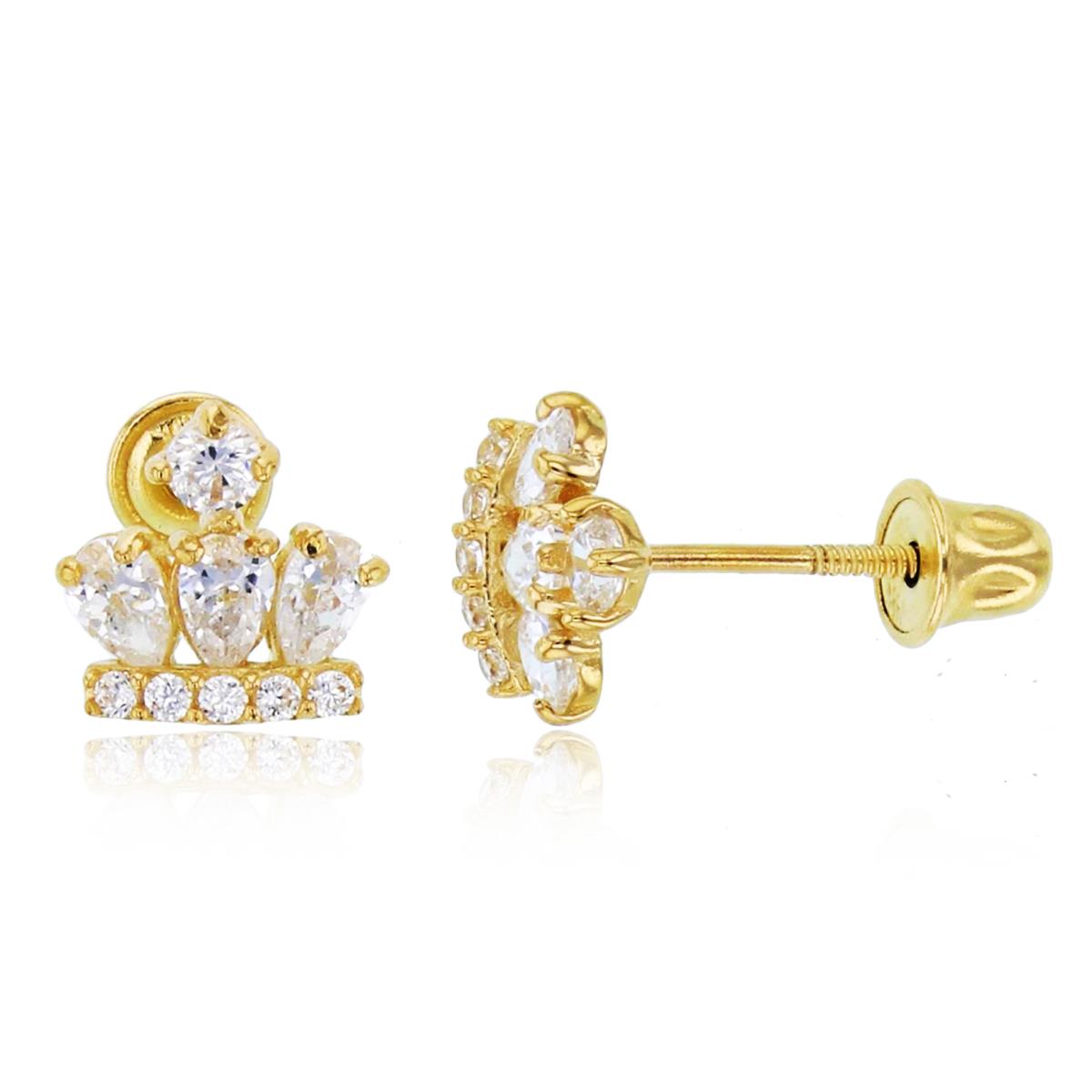 14K Yellow Gold PS & Rnd CZ Crown Studs with Screw Backs