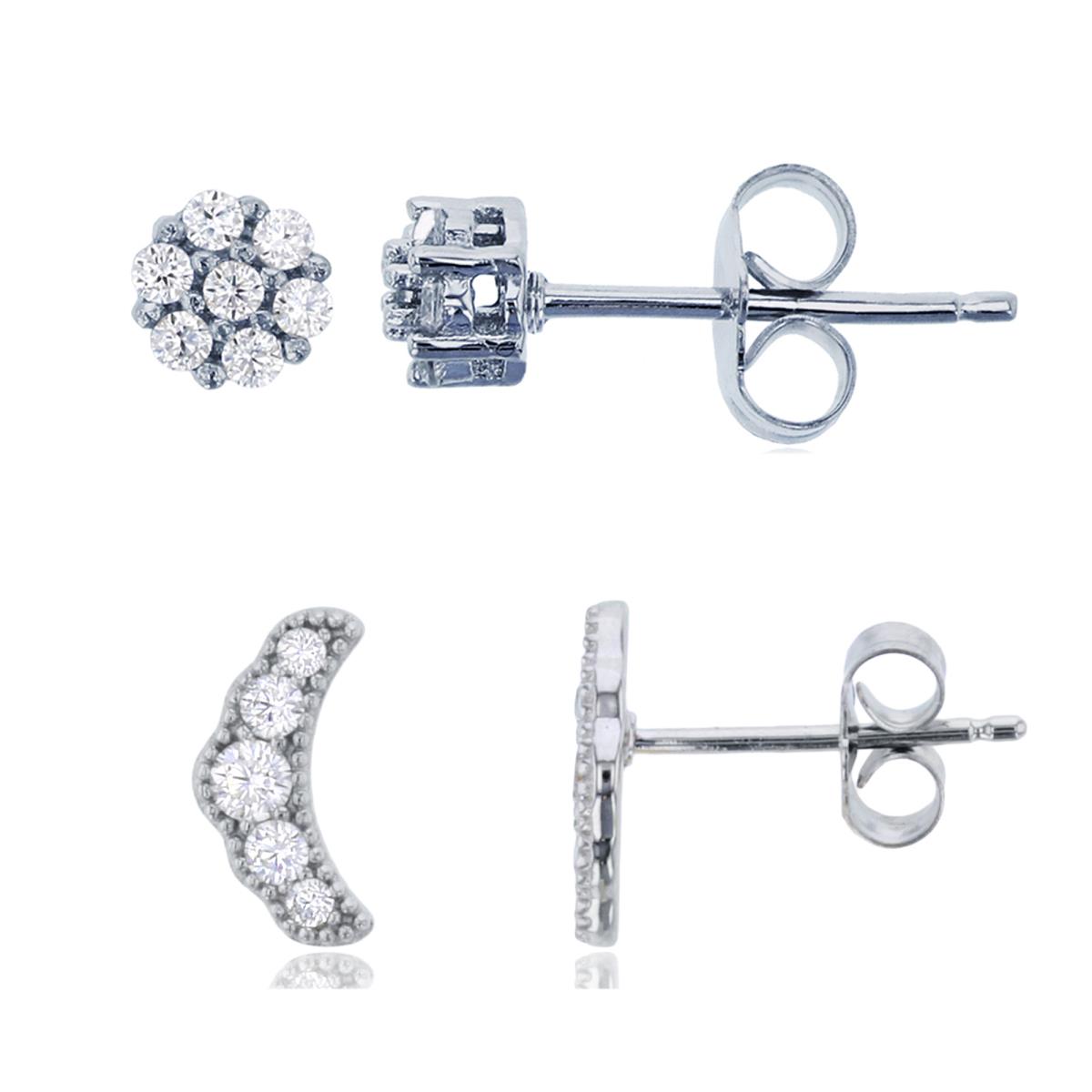 Sterling Silver Rhodium Croissant & Rd Halo Stud Earring Set