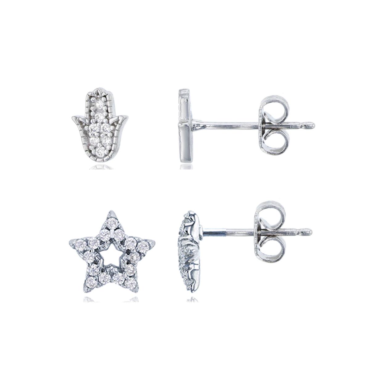 Sterling Silver Rhodium Micropave Hamsa & Star Stud Earring Set