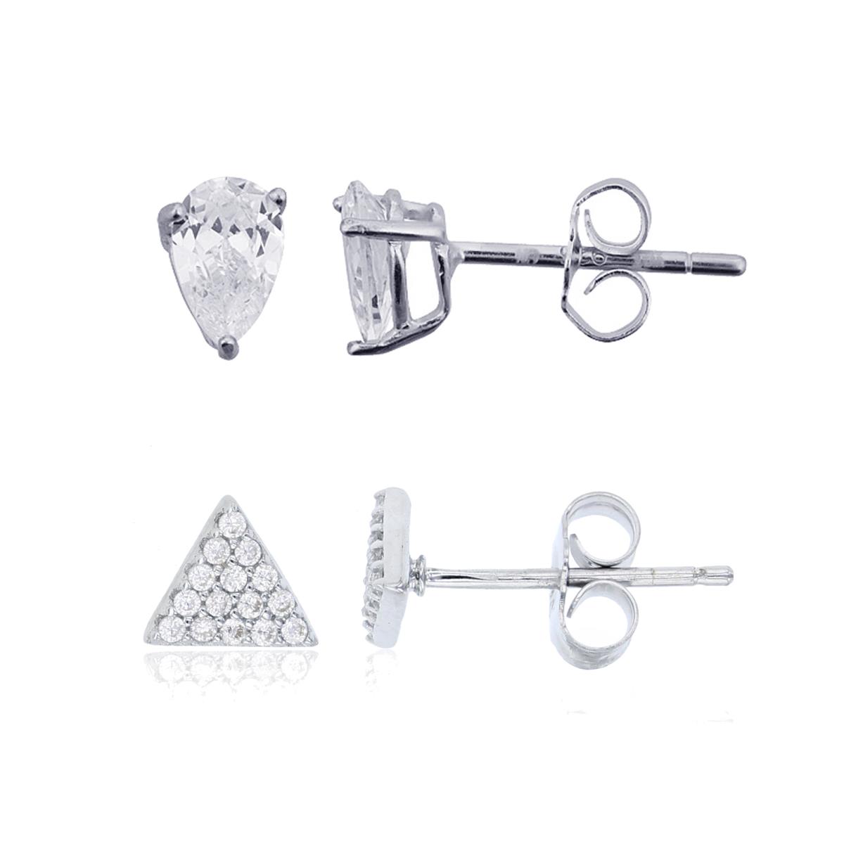Sterling Silver Rhodium Triangle & 4x6mm Pear Stud Earring Set