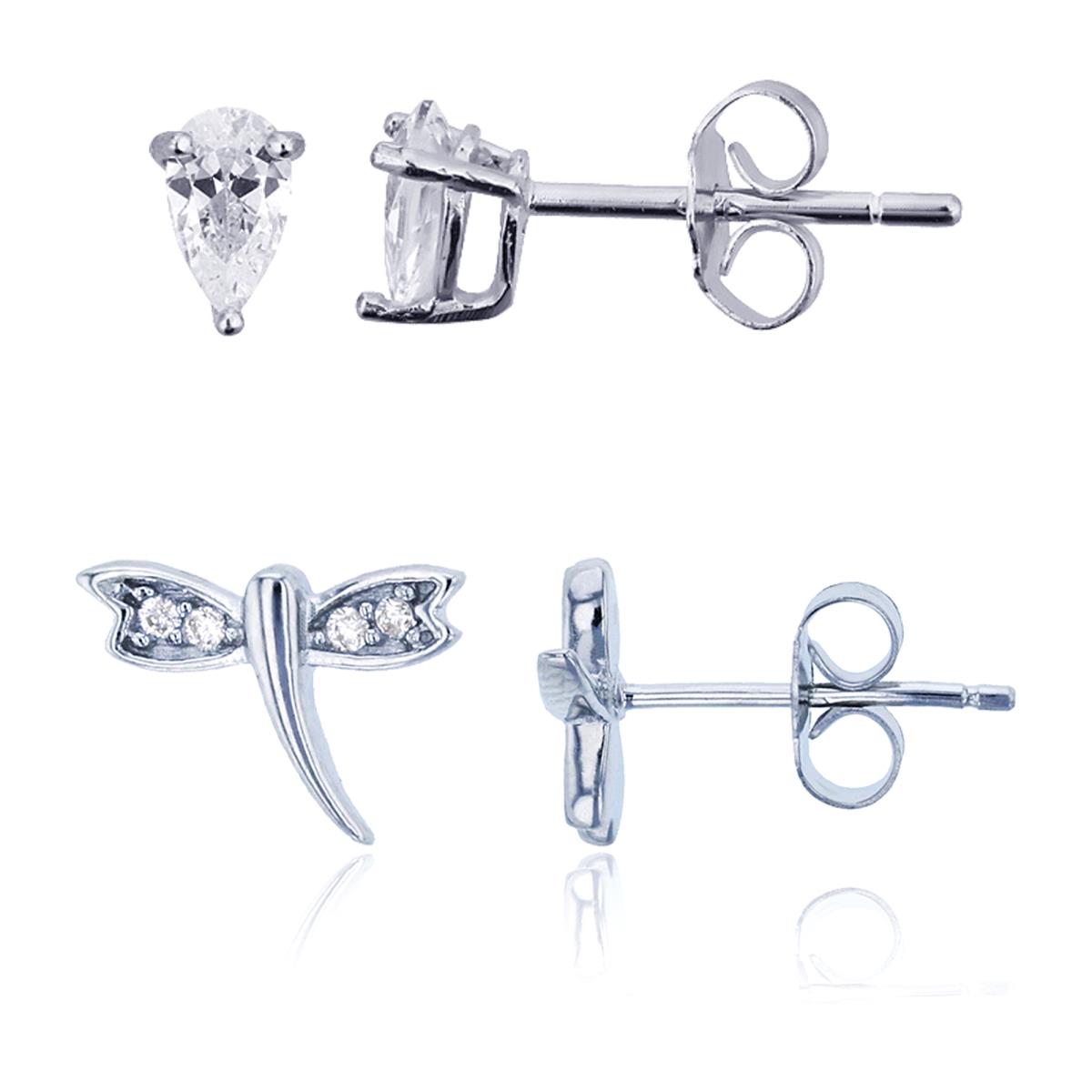 Sterling Silver Rhodium Dragonfly & 3x5mm Pear Stud Earring Set