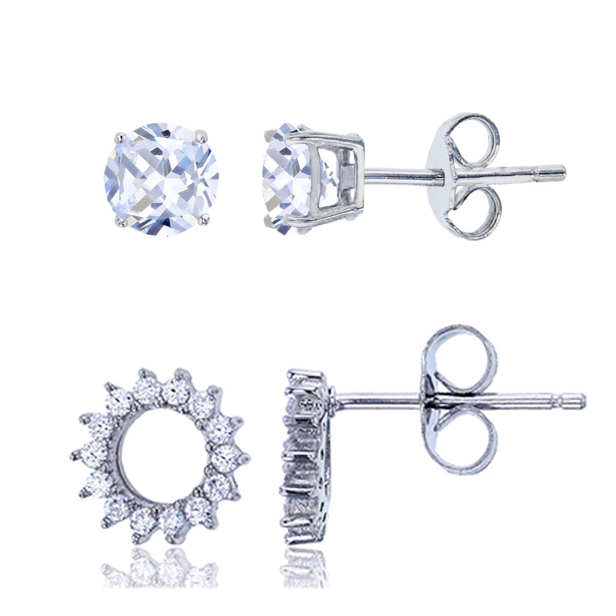 Sterling Silver Rhodium Open Circle CZ & 4mm Round Stud Earring Set