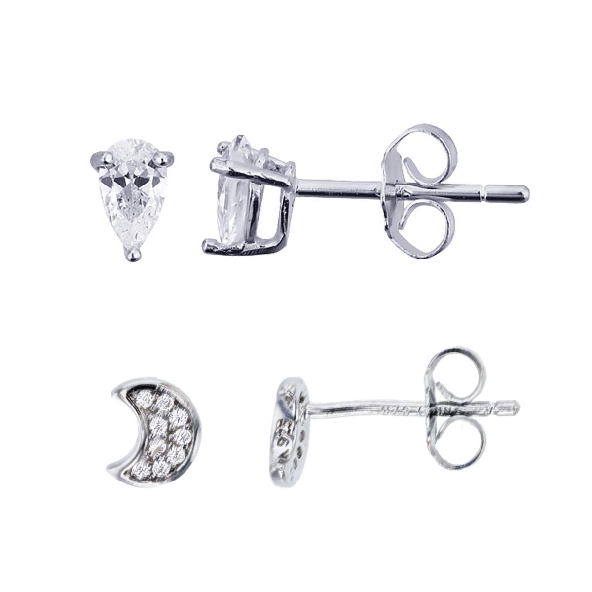 Sterling Silver Rhodium 3x5mm Pear & Crescent Moon Stud Earring Set