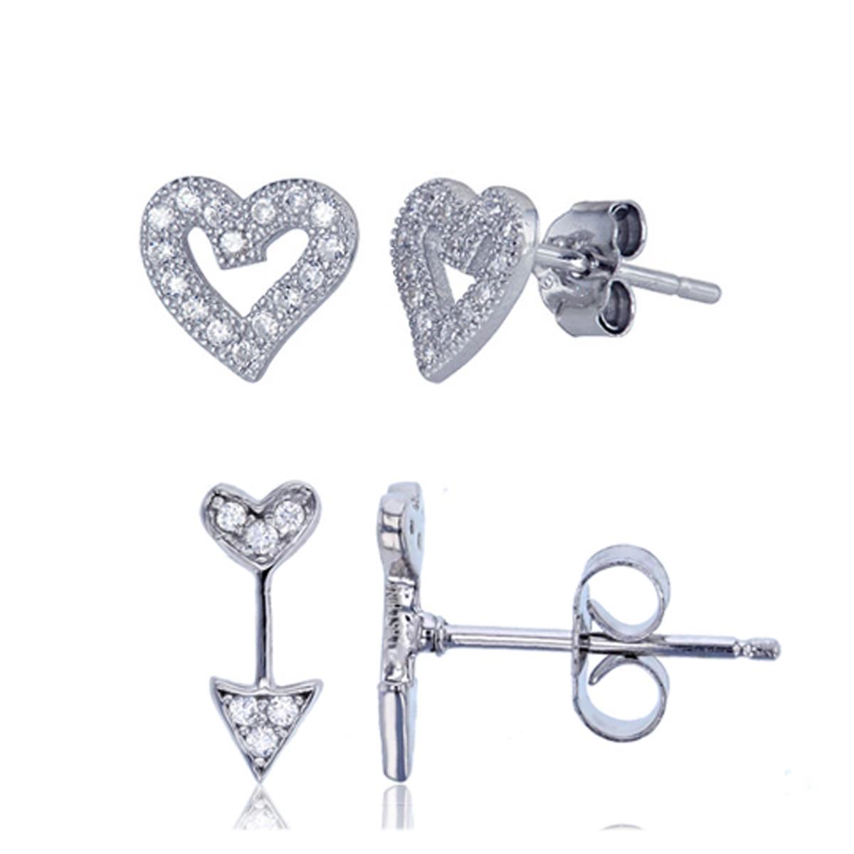 Sterling Silver Rhodium Heart Arrow & Open Heart Stud Earring Set