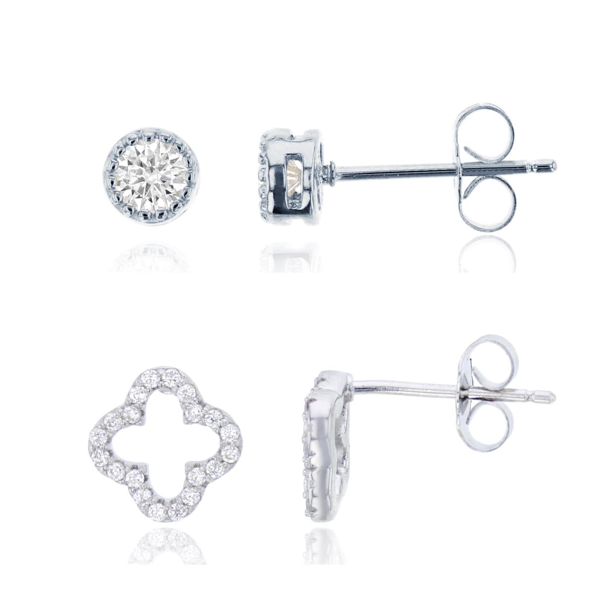 Sterling Silver Rhodium Open Clover & Round Solitairer Stud Earring Set