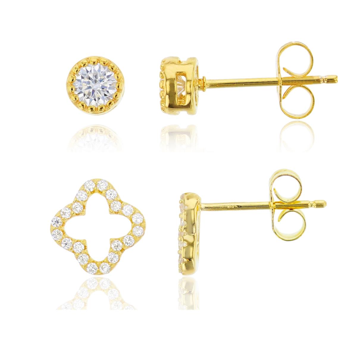 Sterling Silver Yellow Open Clover & Round Solitairer Stud Earring Set