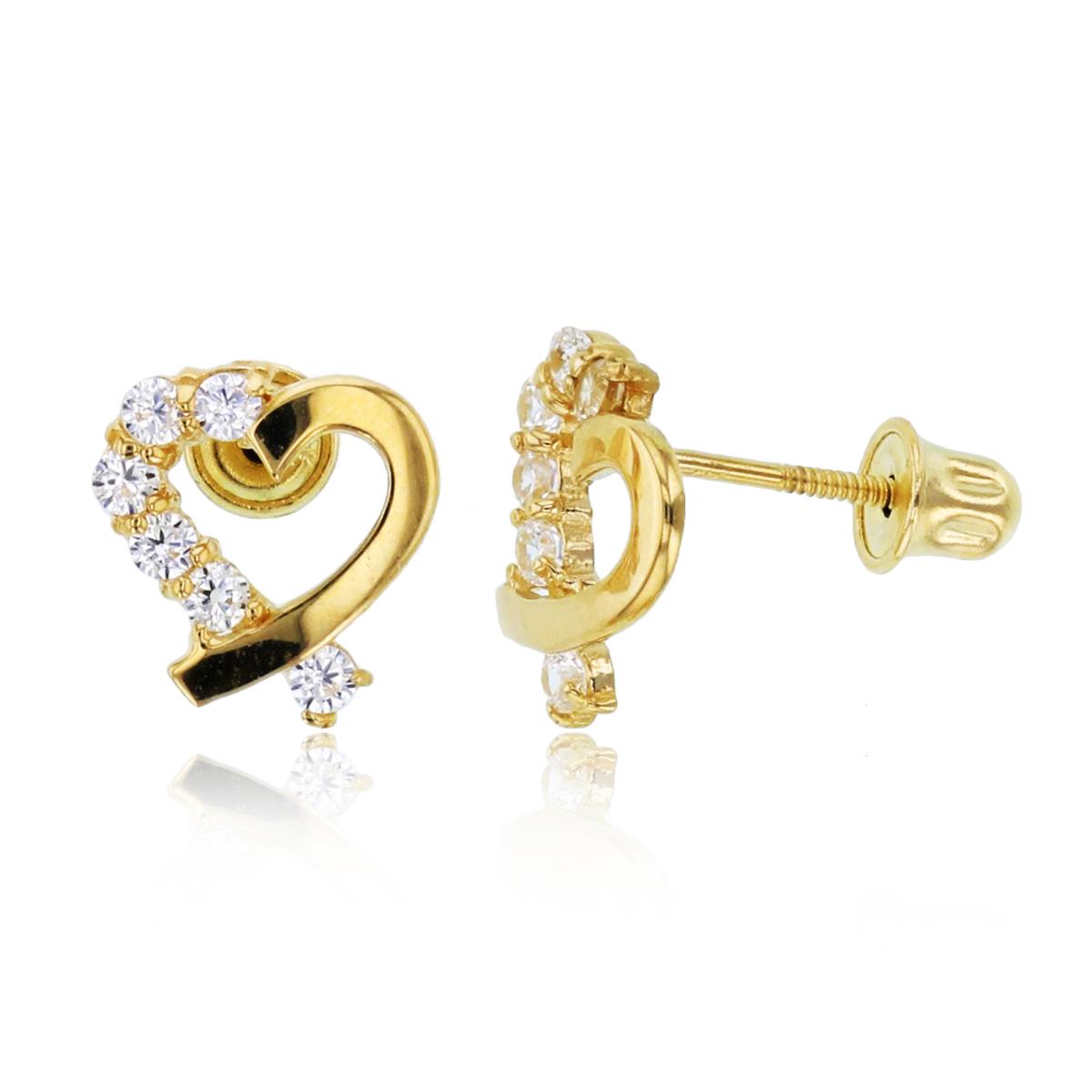 14K Yellow Gold Rnd CZ  Small Heart Studs with Screw Backs 