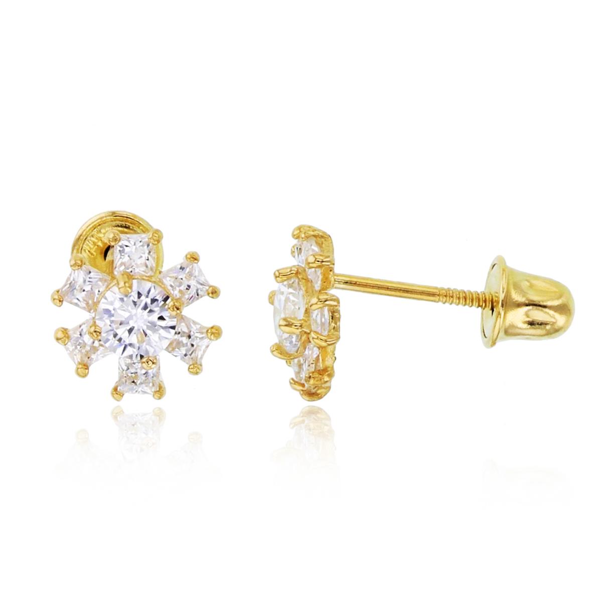 14K Yellow Gold Rnd & Princess Cut Flower Studs with Screw Backs