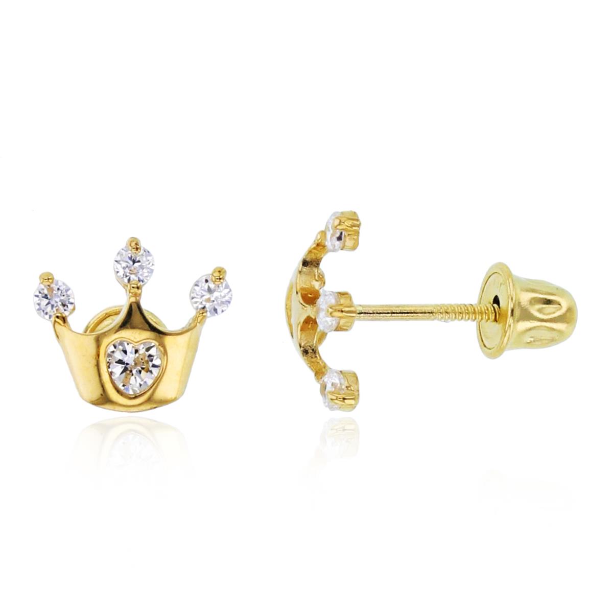 14K Yellow Gold Rnd CZ Crown Studs with Screw Backs