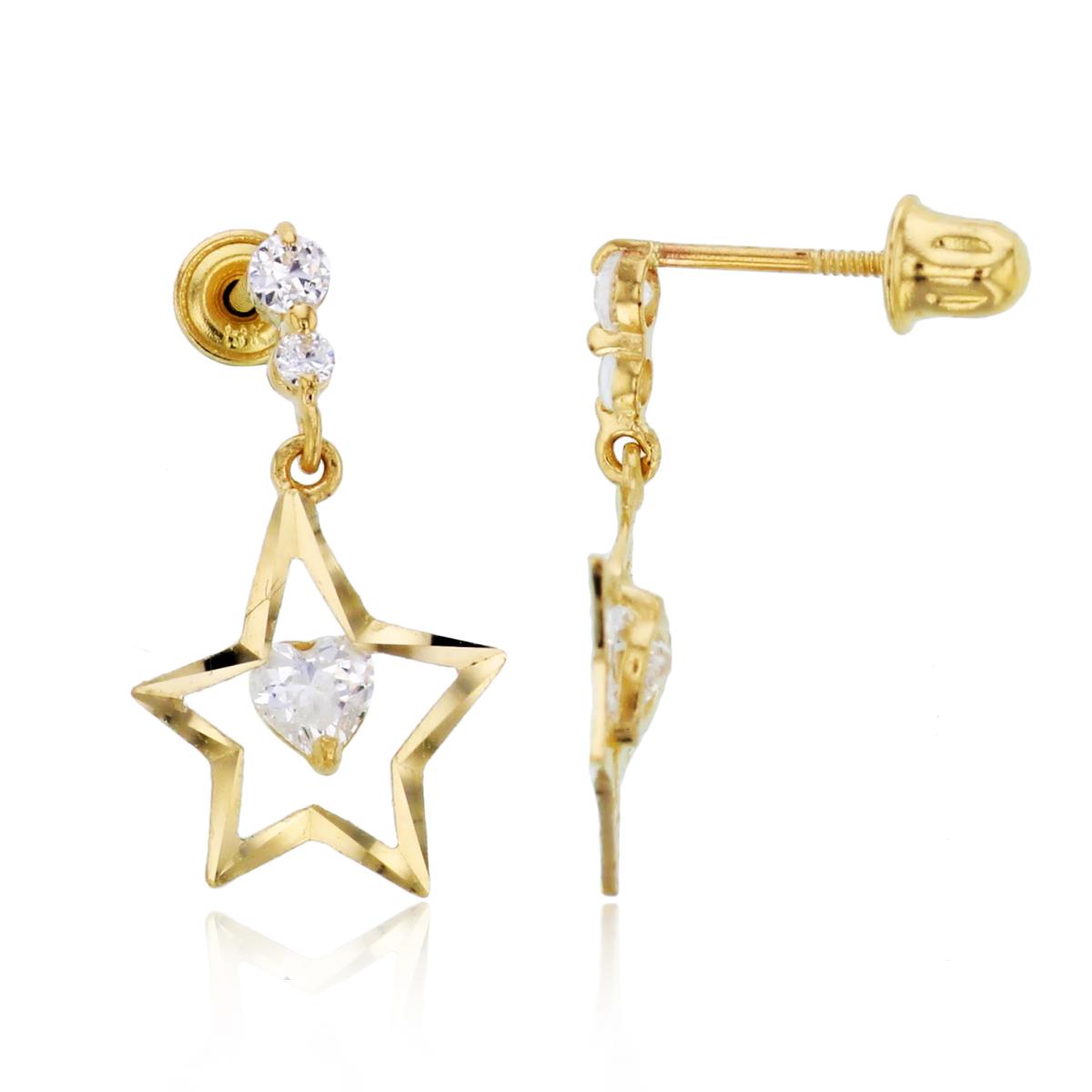 14K Yellow Gold Polished Open Danling Star with Heart CZ Studs with Screw Backs