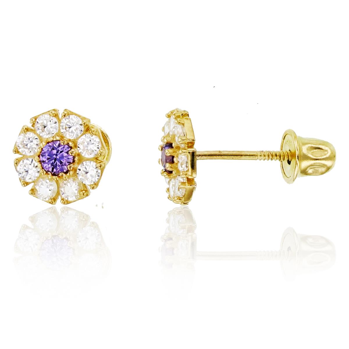 14K Yellow Gold Rnd White & Amethyst CZ  Flower Studs with Screw Backs