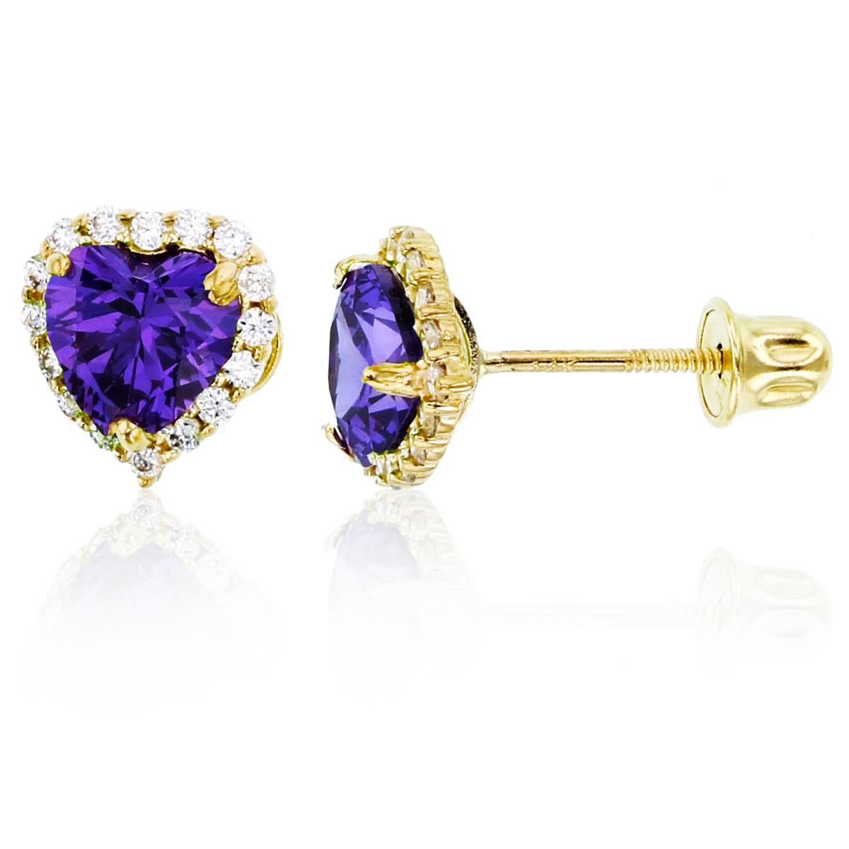 14K Yellow Gold 5mm HS Amethyst CZ & Rnd White CZ Heart Halo Studs with Screw Backs