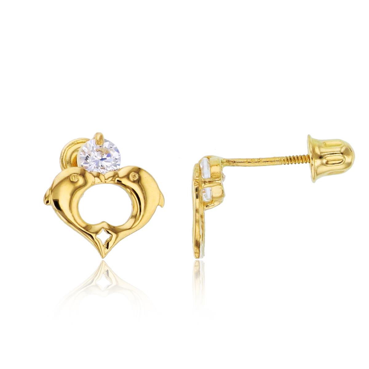 14K Yellow Gold 3mm Rd CZ Kissing Dolphins Screwback Stud Earring