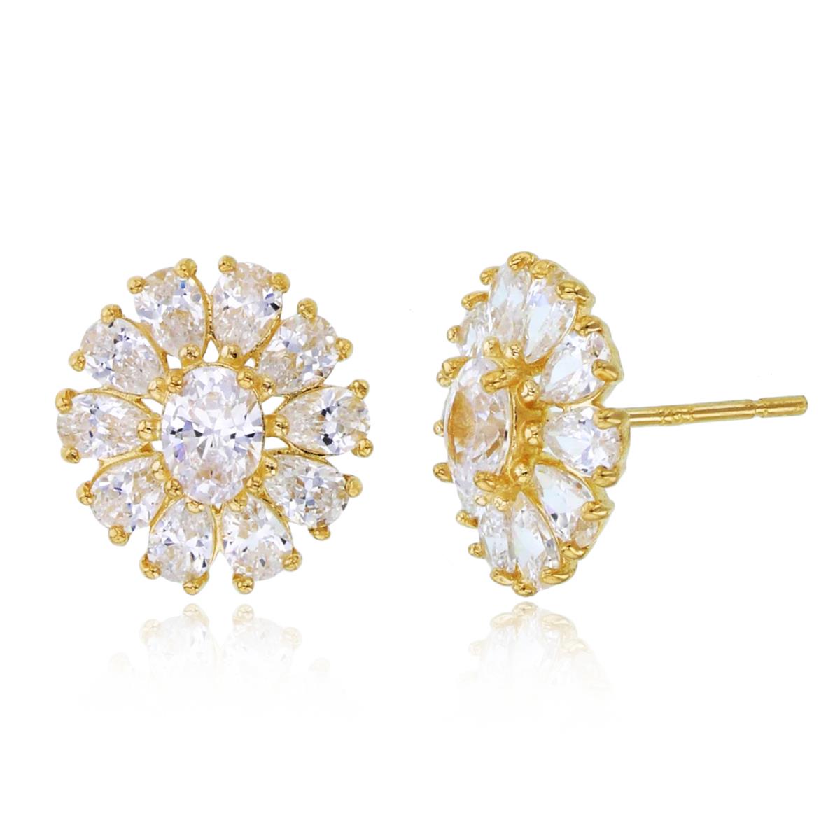 14K Yellow Gold Pear & Oval CZ Flower Stud Earring with Silicone Back