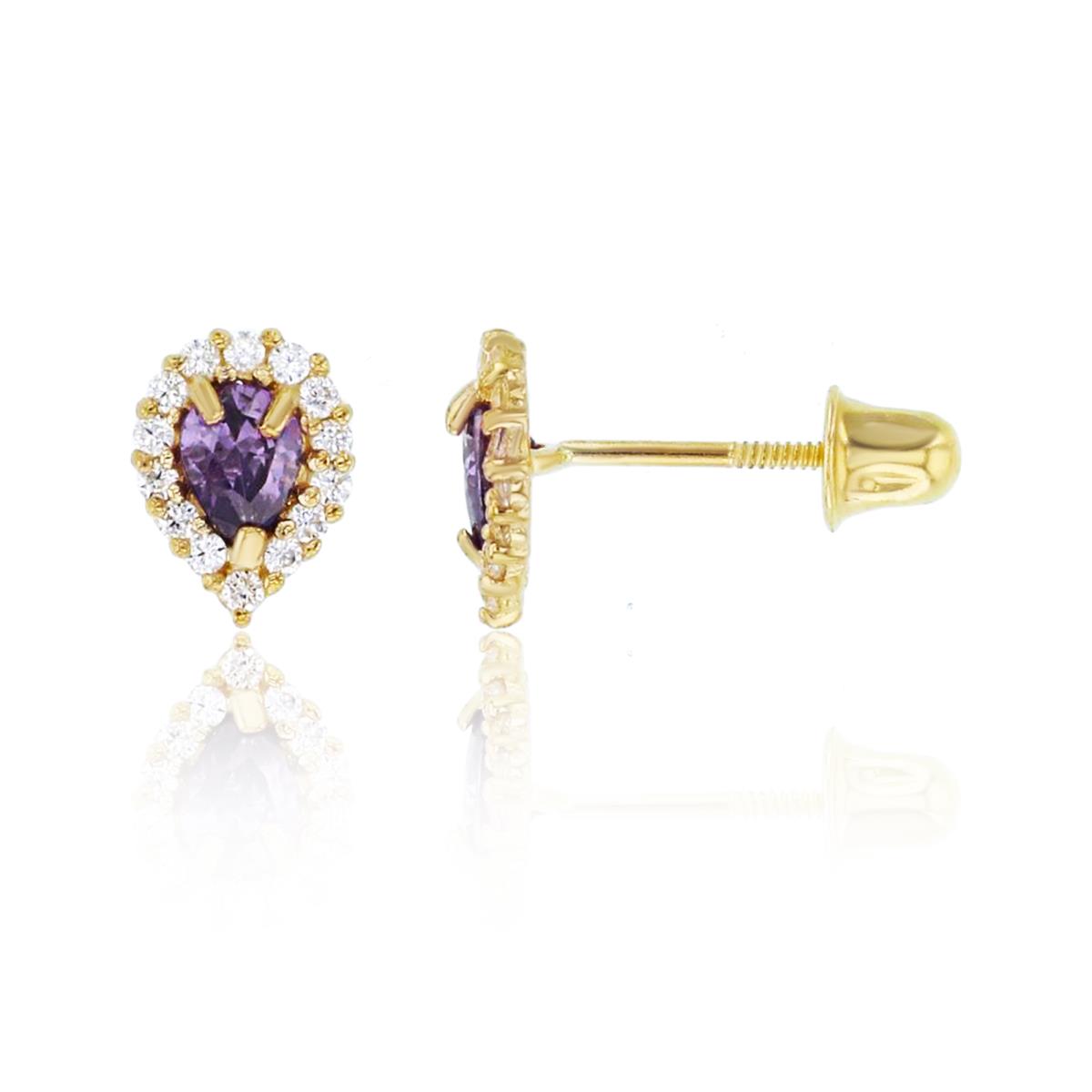14K Yellow Gold PS Amethyst CZ & Rnd White CZ Pear Halo Studs with Screw Backs